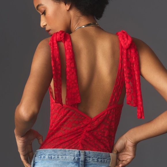 NWT Anthropologie Bow-Shoulder Flocked Heart Bodysuit  Small - Picture 6 of 8
